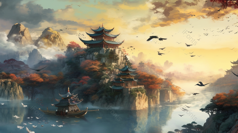 中国风建筑寺庙亭台楼阁湖泊河流背景,插画/手绘图,插画/手绘图库,插画/手绘图下载,插画/手绘